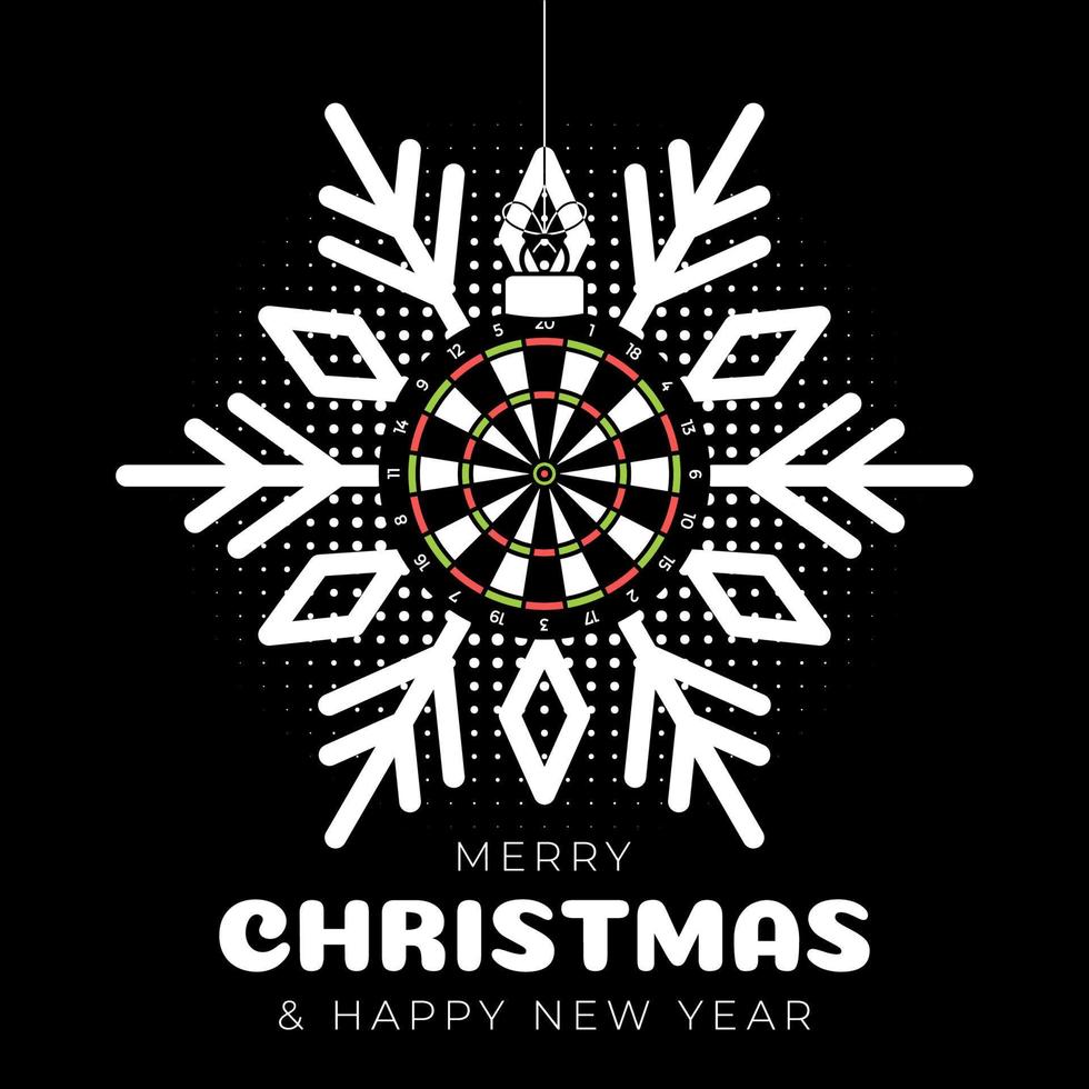 dart christmas greeting card. Merry Christmas and Happy New Year outline style flat cartoon Sports banner. ball as a xmas ball on black background. Vector illustration.
