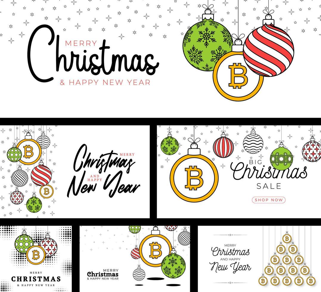 bitcoin christmas card set in trendy line style. Merry Christmas sport flat greeting card. Hang on a thread bitcoin as a xmas ball. Sport Vector illustration collection.