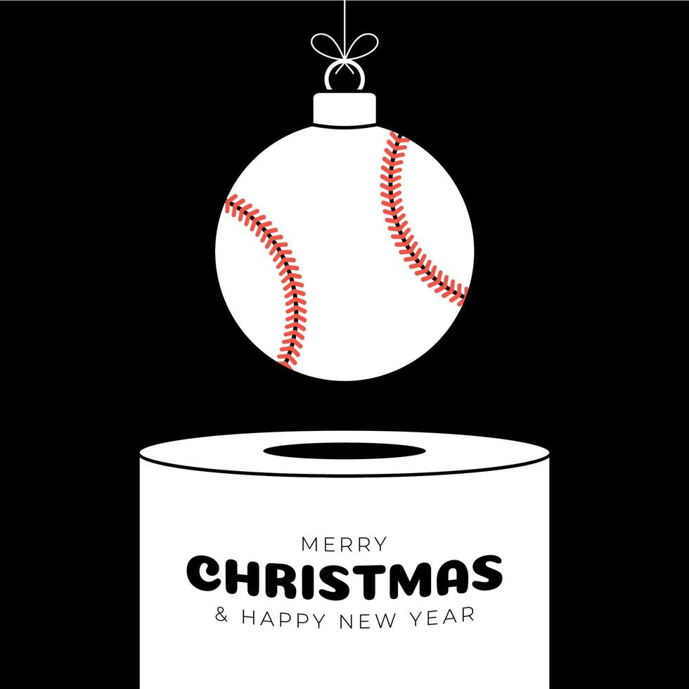 Baseball Christmas bauble pedestal. Merry Christmas sport greeting card. Hang on a thread Baseball ball as a xmas ball on white podium on black background. Sport Trendy Vector illustration.