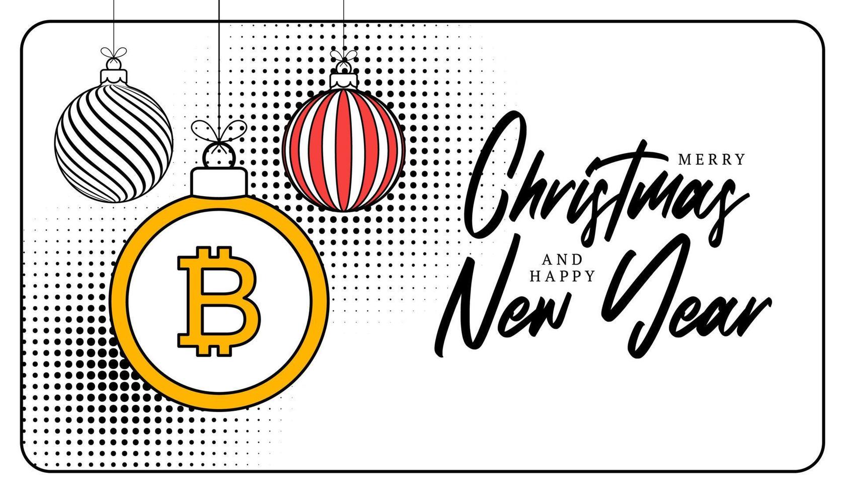 bitcoin christmas greeting card in trendy line style. Merry Christmas and Happy New Year outline cartoon Sports banner. bitcoin as a xmas ball on white background. Vector illustration.