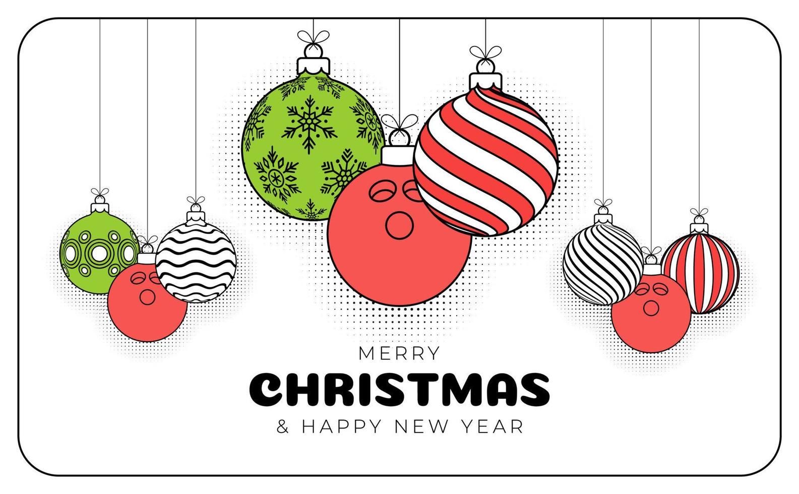 bowling christmas greeting card in trendy line style. Merry Christmas and Happy New Year outline cartoon Sports banner. bowling ball as a xmas ball on white background. Vector illustration.