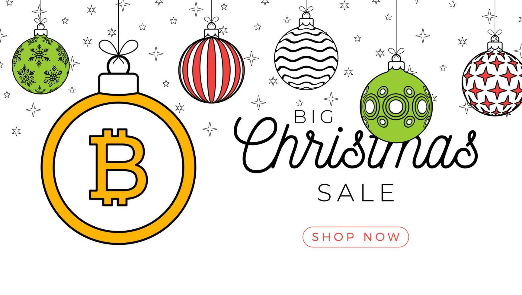 bitcoin christmas greeting card in trendy line style. Merry Christmas and Happy New Year outline cartoon Sports banner. bitcoin as a xmas ball on white background. Vector illustration.