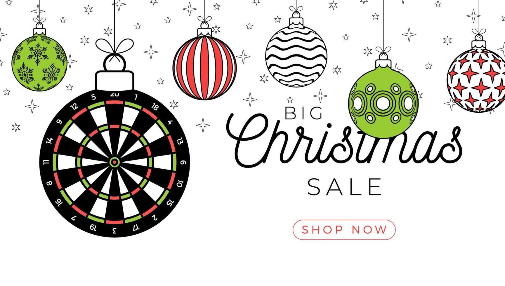 dart christmas greeting card in trendy line style. Merry Christmas and Happy New Year outline cartoon Sports banner. dartboard as a xmas ball on white background. Vector illustration.