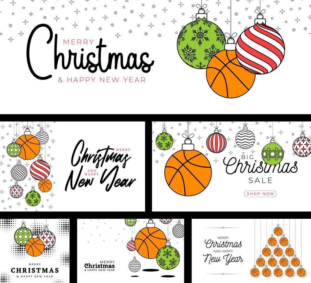 basketball sport christmas card set in trendy line style. Merry Christmas sport flat greeting card. Hang on a thread basketball ball as a xmas ball. Sport Vector illustration collection.