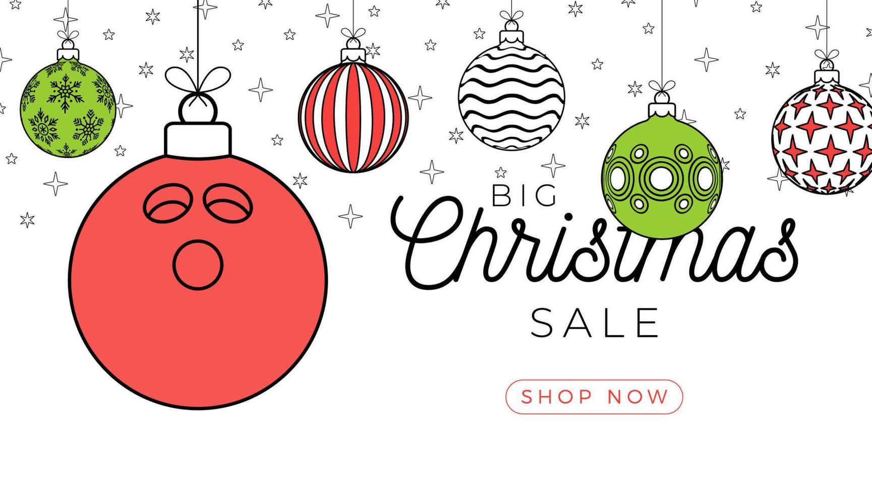 bowling christmas greeting card in trendy line style. Merry Christmas and Happy New Year outline cartoon Sports banner. bowling ball as a xmas ball on white background. Vector illustration.