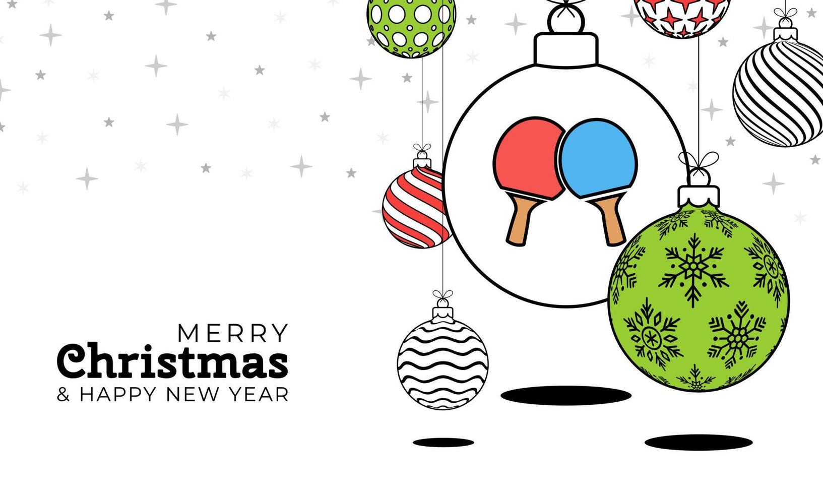 ping pong christmas greeting card in trendy line style. Merry Christmas and Happy New Year outline cartoon Sports banner. ping pong ball as a xmas ball on white background. Vector illustration.