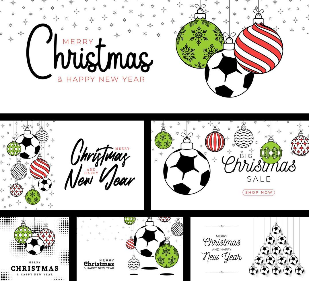 fútbol, tarjeta de navidad deportiva de fútbol ambientada en un estilo de línea de moda. feliz navidad deporte tarjeta de felicitación plana. cuelgue de una pelota de fútbol de hilo como una pelota de Navidad. colección de ilustraciones vectoriales deportivas. vector