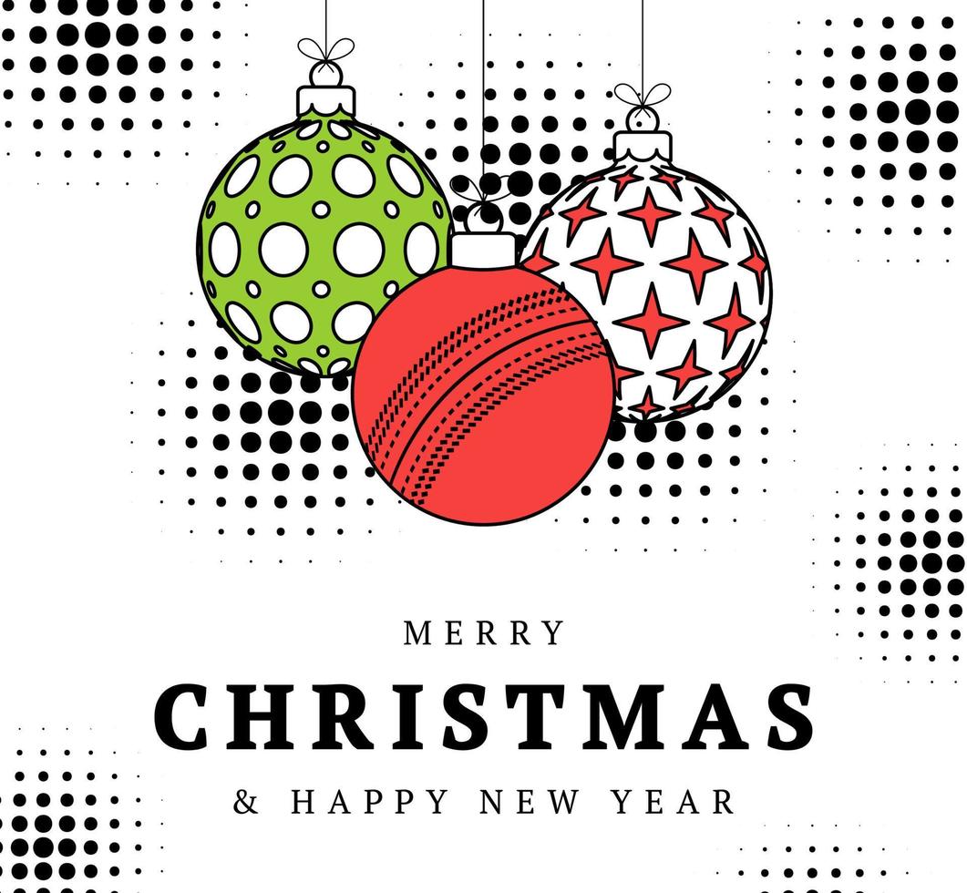 cricket christmas greeting card in trendy line style. Merry Christmas and Happy New Year outline cartoon Sports banner. cricket ball as a xmas ball on white background. Vector illustration.