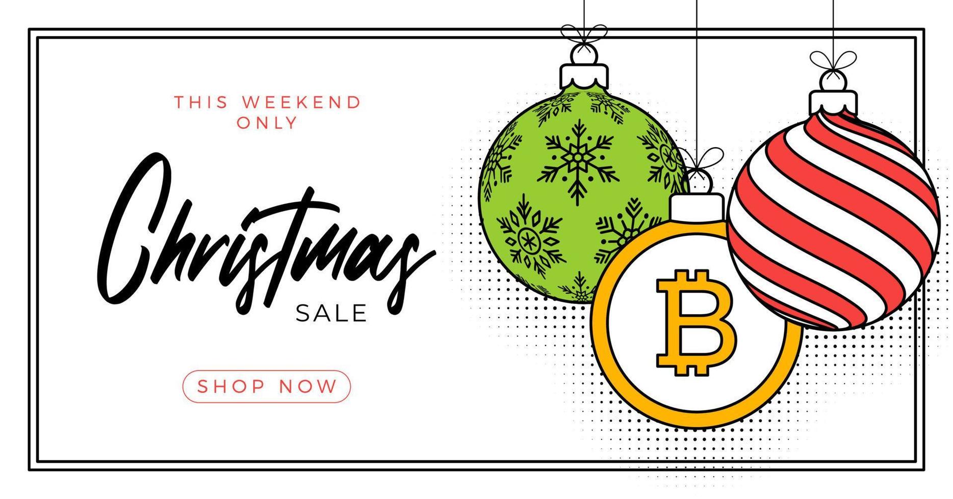 bitcoin christmas greeting card in trendy line style. Merry Christmas and Happy New Year outline cartoon Sports banner. bitcoin as a xmas ball on white background. Vector illustration.