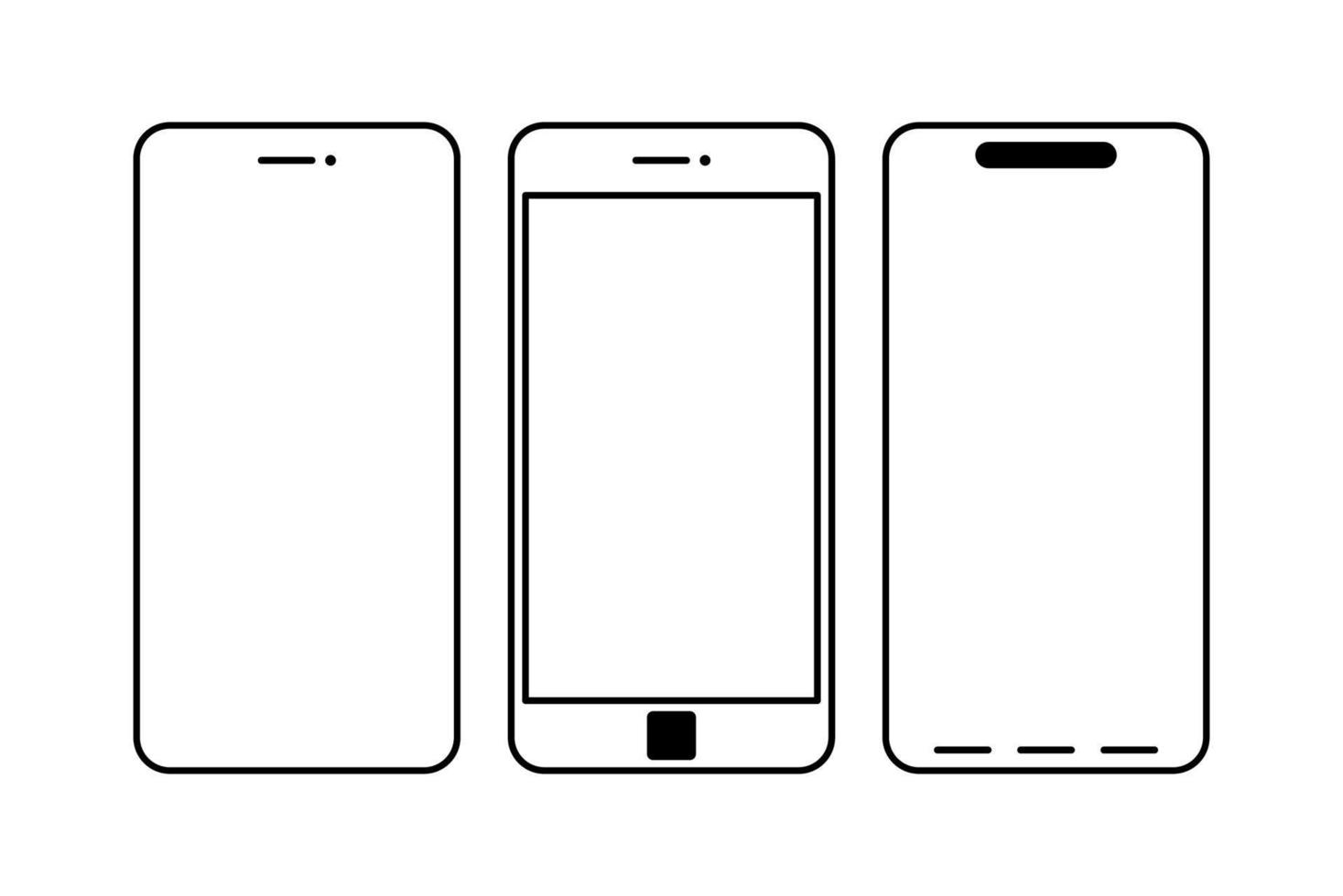 conjunto de iconos de línea de teléfono inteligente. conjunto de modelos de teléfonos inteligentes con pantallas en blanco. colección de maquetas de teléfonos inteligentes. maqueta de teléfono en el frente. vector