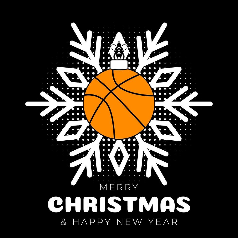 basketball christmas greeting card. Merry Christmas and Happy New Year outline style flat cartoon Sports banner. basketball ball as a xmas ball on black background. Vector illustration.