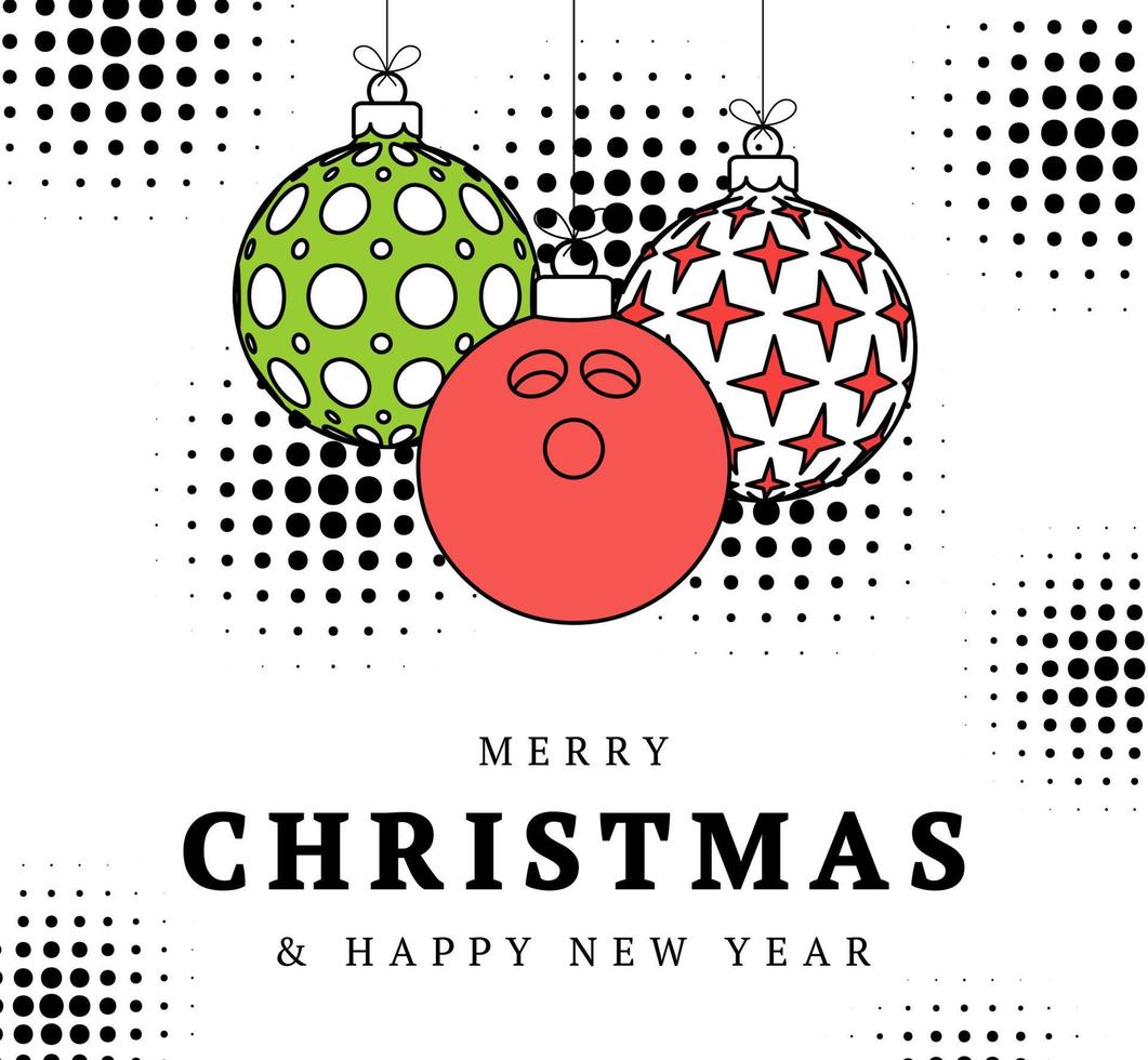 bowling christmas greeting card in trendy line style. Merry Christmas and Happy New Year outline cartoon Sports banner. bowling ball as a xmas ball on white background. Vector illustration.