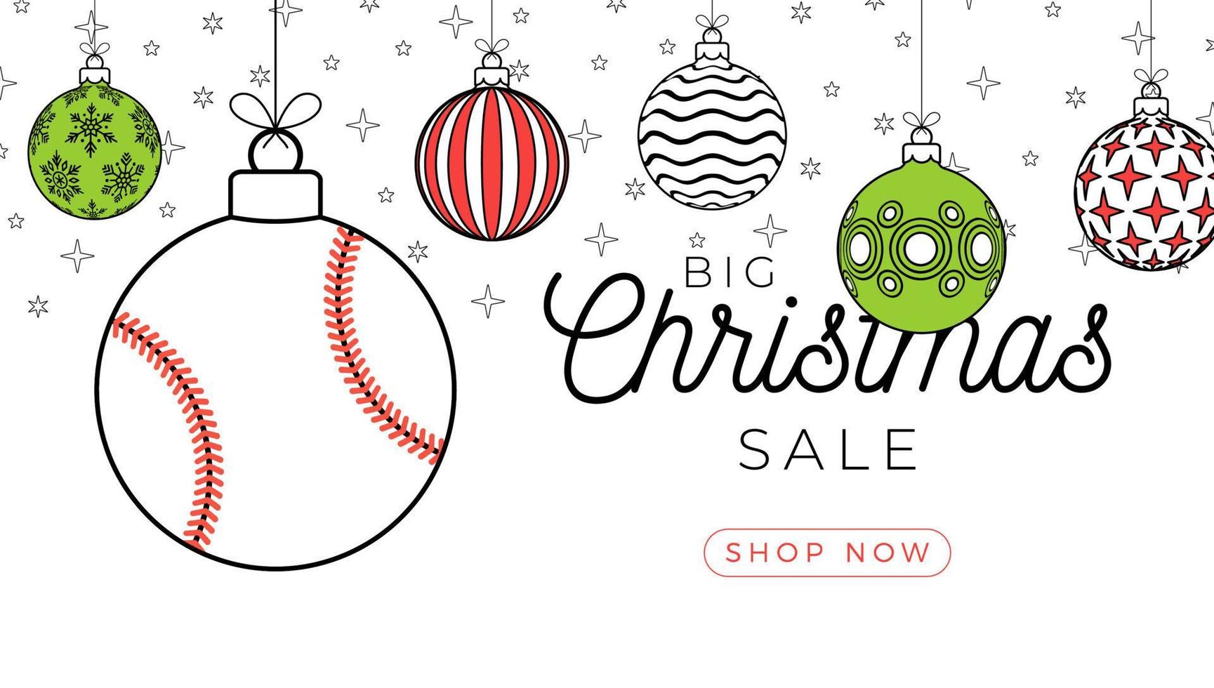 Baseball christmas greeting card in trendy line style. Merry Christmas and Happy New Year outline cartoon Sports banner. Baseball ball as a xmas ball on white background. Vector illustration.