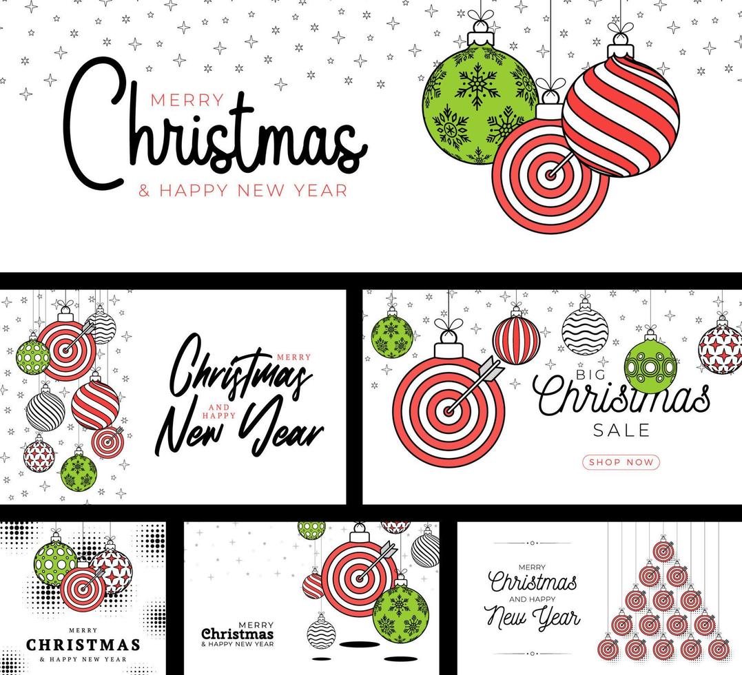 target sport christmas card set in trendy line style. Merry Christmas sport flat greeting card. Hang on a thread target as a xmas ball. Sport Vector illustration collection.