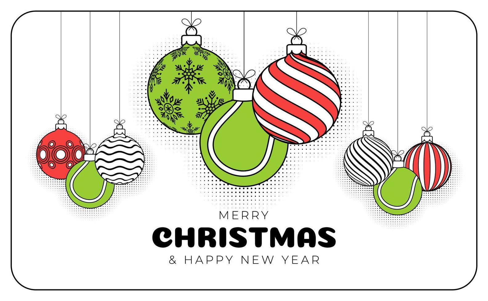 tennis christmas greeting card in trendy line style. Merry Christmas and Happy New Year outline cartoon Sports banner. tennis ball as a xmas ball on white background. Vector illustration.