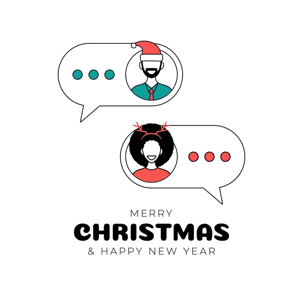 christmas chatting with woman and man vector illustration. Online chat between a guy and a girl. Man and woman icons in flat style on mobile bubble . Chat messaging communication