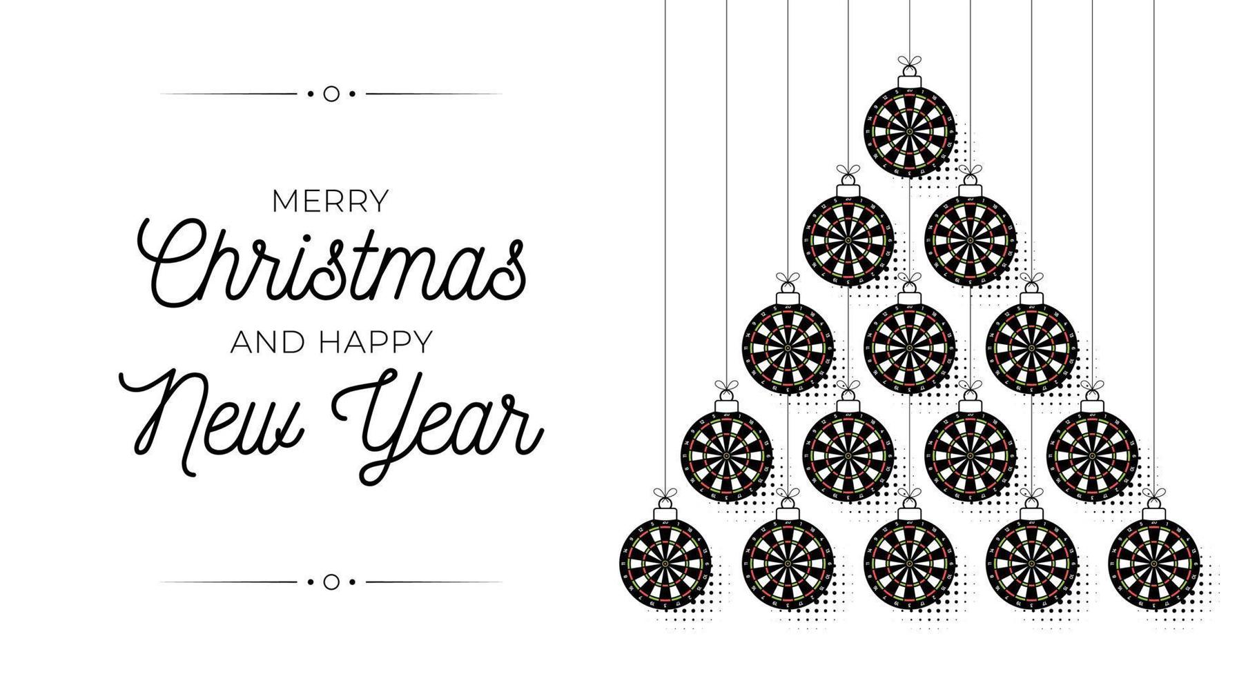 dart Christmas and new year bauble tree greeting card. Creative Xmas tree made by dart ball. Christmas and new year outline flat Vector Sport greeting card banner. Trendy vector style