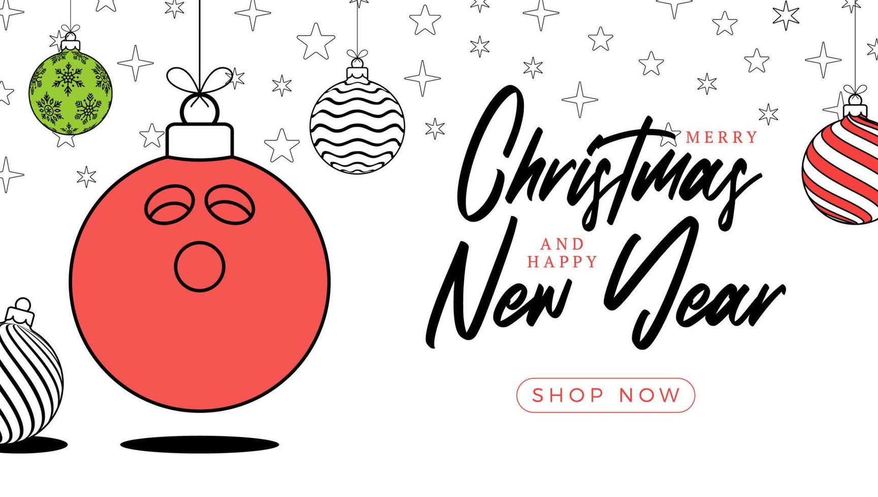 bowling christmas greeting card in trendy line style. Merry Christmas and Happy New Year outline cartoon Sports banner. bowling ball as a xmas ball on white background. Vector illustration.