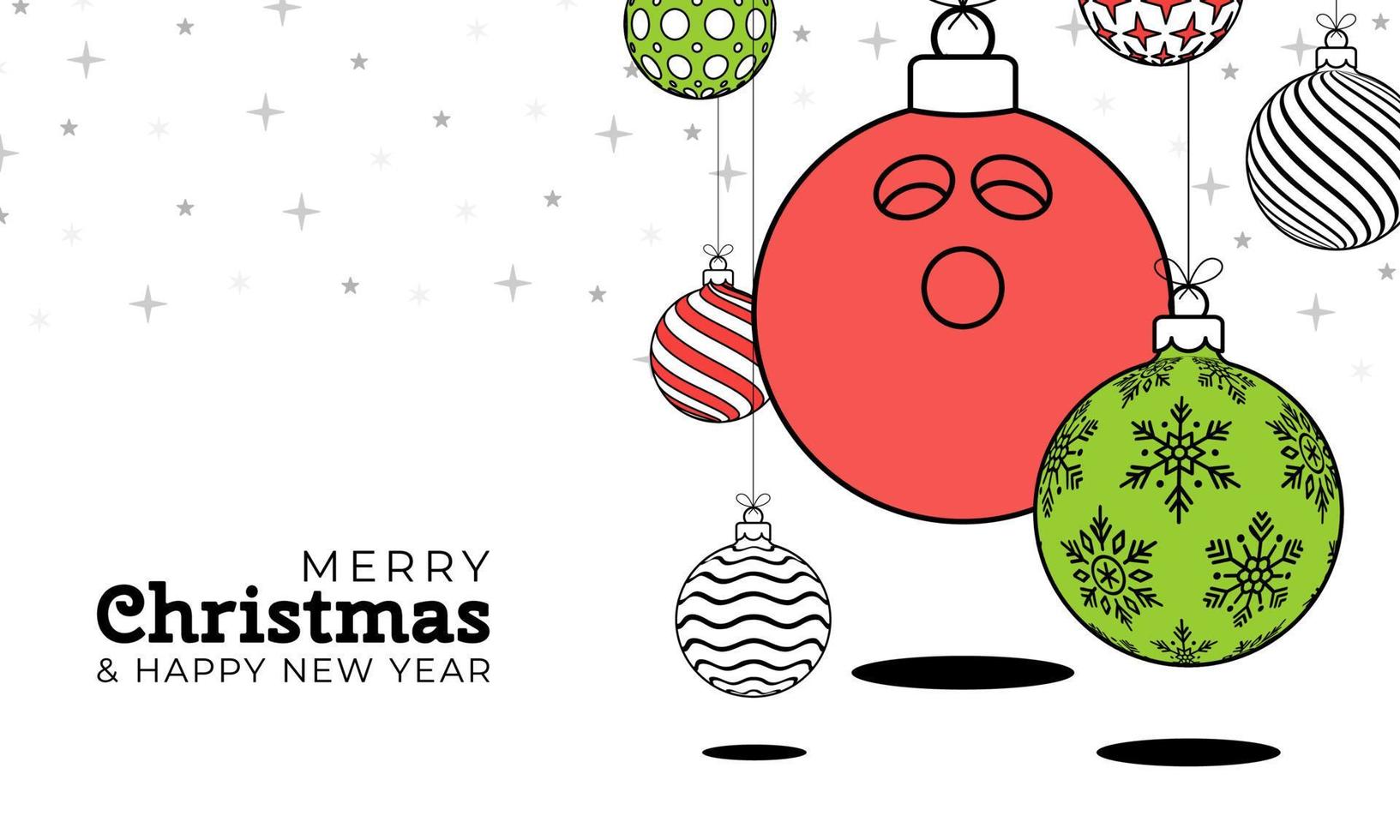 bowling christmas greeting card in trendy line style. Merry Christmas and Happy New Year outline cartoon Sports banner. bowling ball as a xmas ball on white background. Vector illustration.