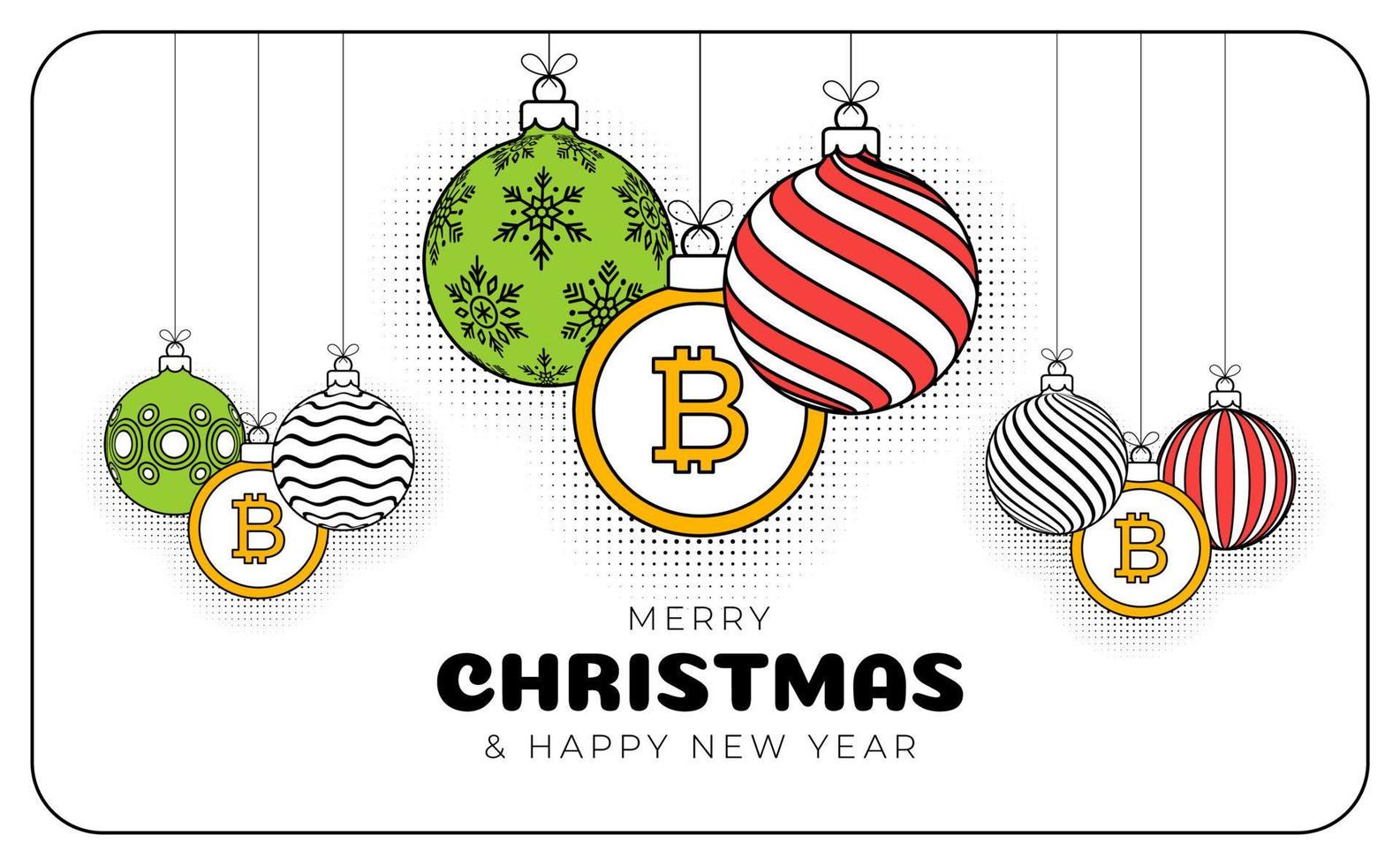 bitcoin christmas greeting card in trendy line style. Merry Christmas and Happy New Year outline cartoon Sports banner. bitcoin as a xmas ball on white background. Vector illustration.