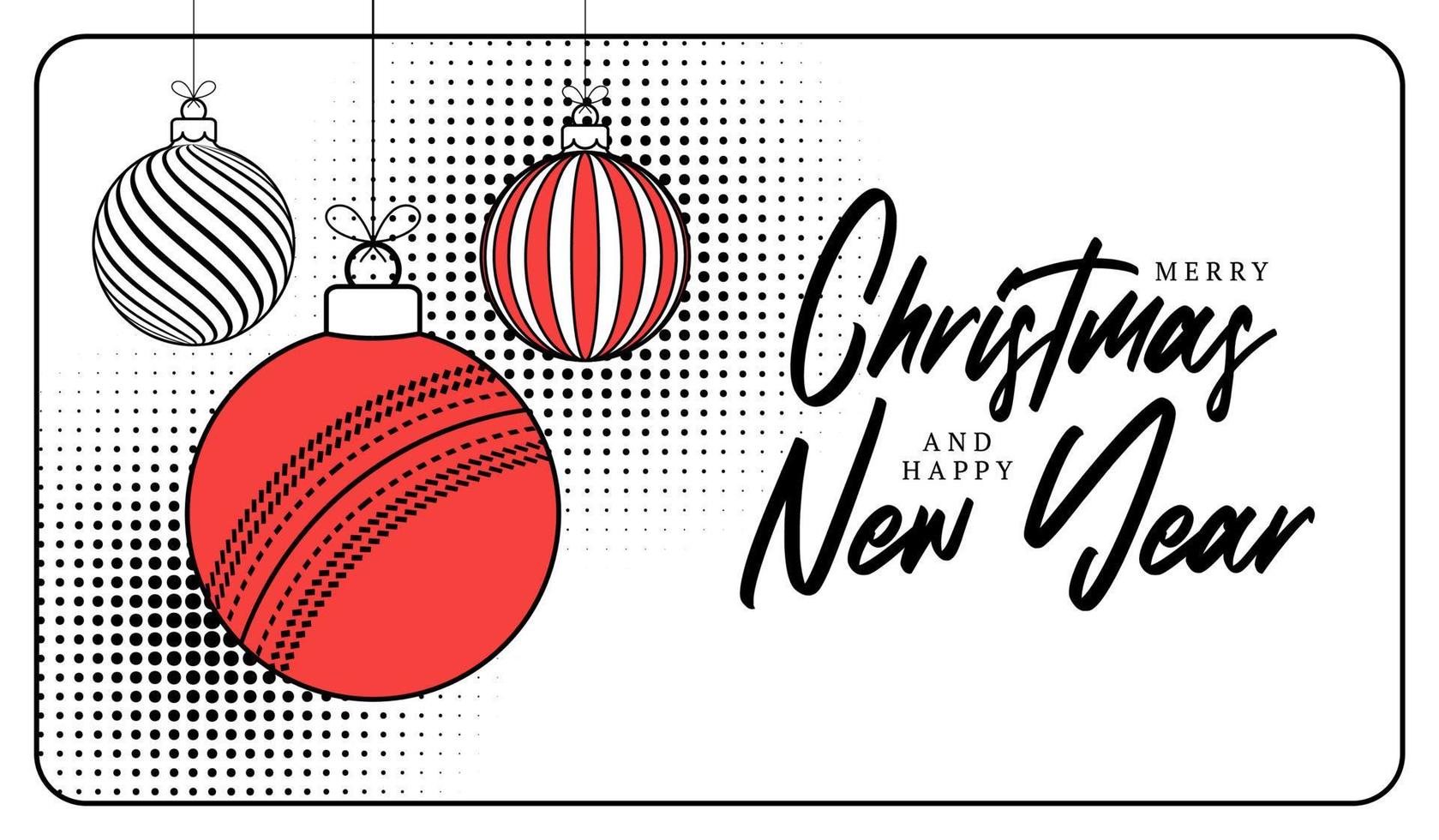 cricket christmas greeting card in trendy line style. Merry Christmas and Happy New Year outline cartoon Sports banner. cricket ball as a xmas ball on white background. Vector illustration.