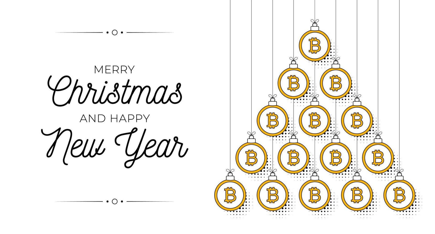 bitcoin Christmas and new year bauble tree greeting card. Creative Xmas tree made by bitcoin. Christmas and new year outline flat Vector Sport greeting card banner. Trendy vector style