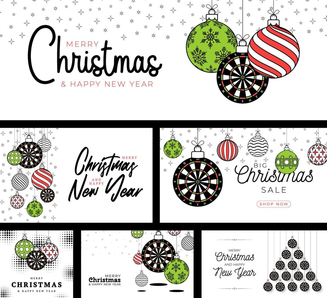 dart sport christmas card set in trendy line style. Merry Christmas sport flat greeting card. Hang on a thread dartboard as a xmas ball. Sport Vector illustration collection.