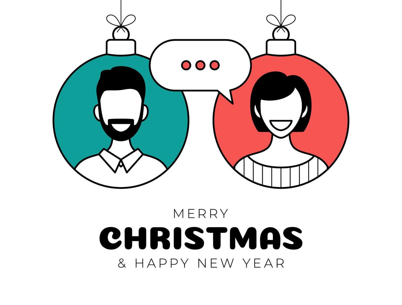 christmas chatting with woman and man vector illustration. Online chat between a guy and a girl. Man and woman icons in flat style on xmas ball . Chat messaging communication