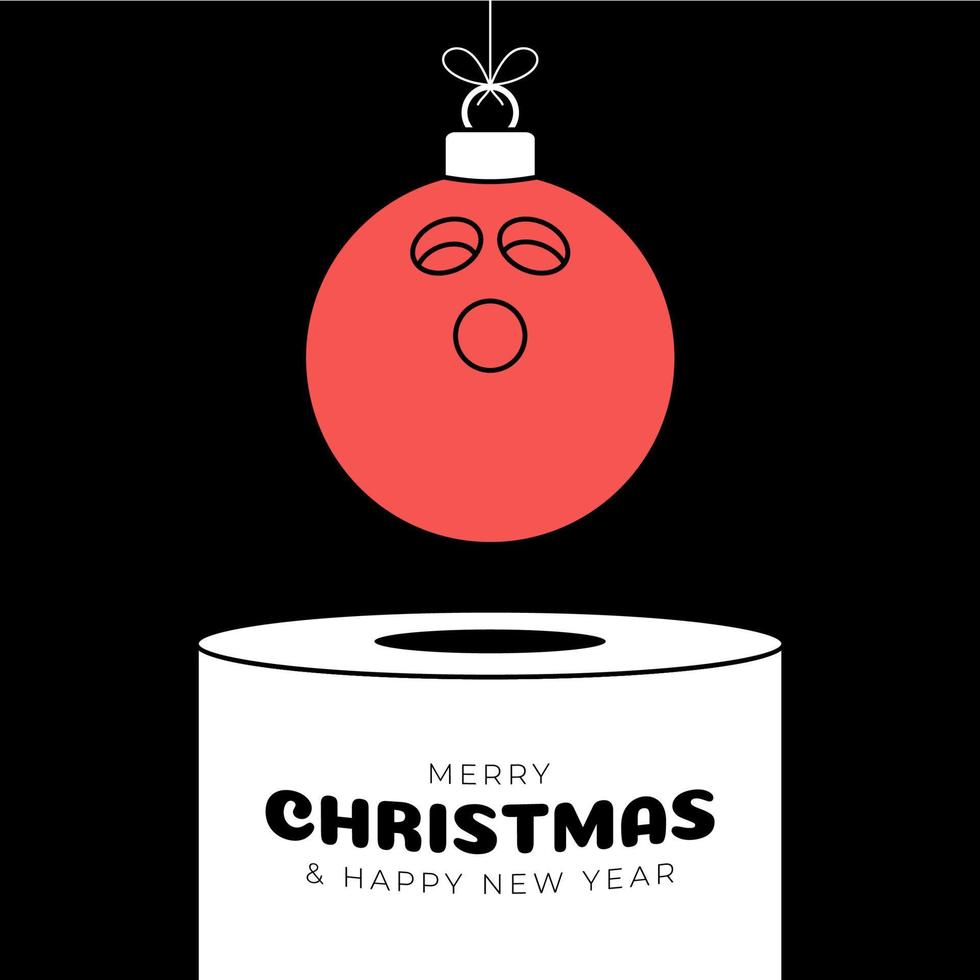 bowling Christmas bauble pedestal. Merry Christmas sport greeting card. Hang on a thread bowling ball as a xmas ball on white podium on black background. Sport Trendy Vector illustration.
