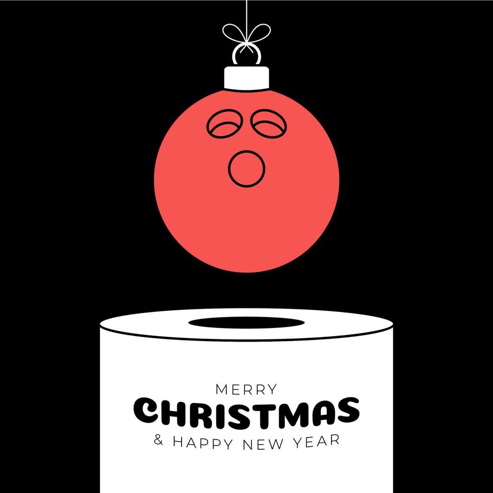 bowling Christmas bauble pedestal. Merry Christmas sport greeting card. Hang on a thread bowling ball as a xmas ball on white podium on black background. Sport Trendy Vector illustration.