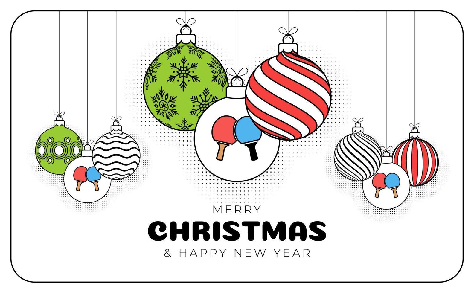 ping pong christmas greeting card in trendy line style. Merry Christmas and Happy New Year outline cartoon Sports banner. ping pong ball as a xmas ball on white background. Vector illustration.
