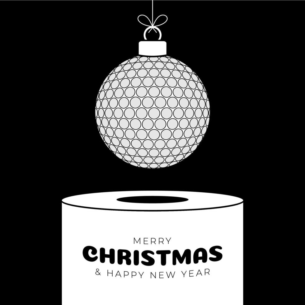 golf Christmas bauble pedestal. Merry Christmas sport greeting card. Hang on a thread golf ball as a xmas ball on white podium on black background. Sport Trendy Vector illustration.
