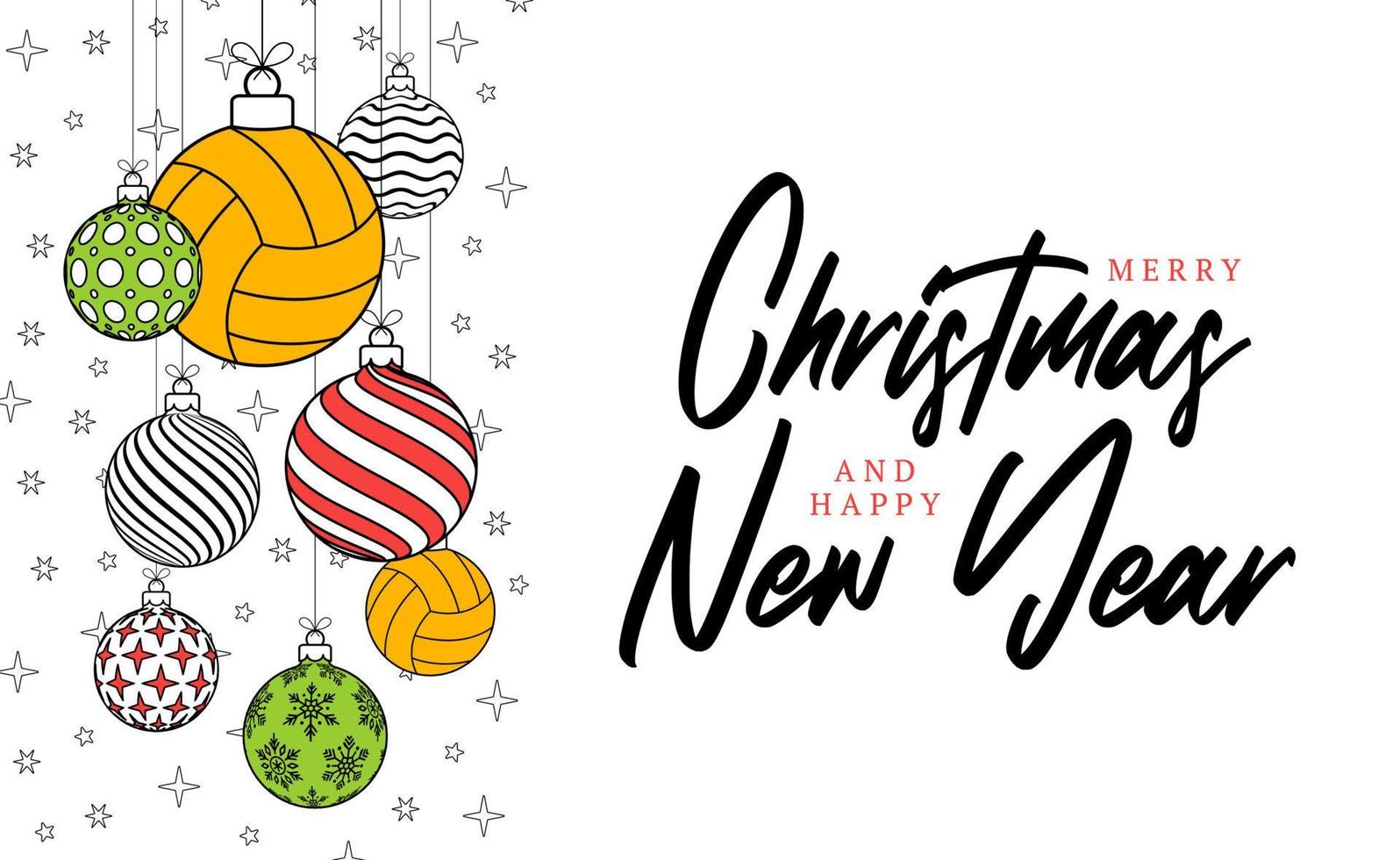 volleyball christmas greeting card in trendy line style. Merry Christmas and Happy New Year outline cartoon Sports banner. volleyball ball as a xmas ball on white background. Vector illustration.