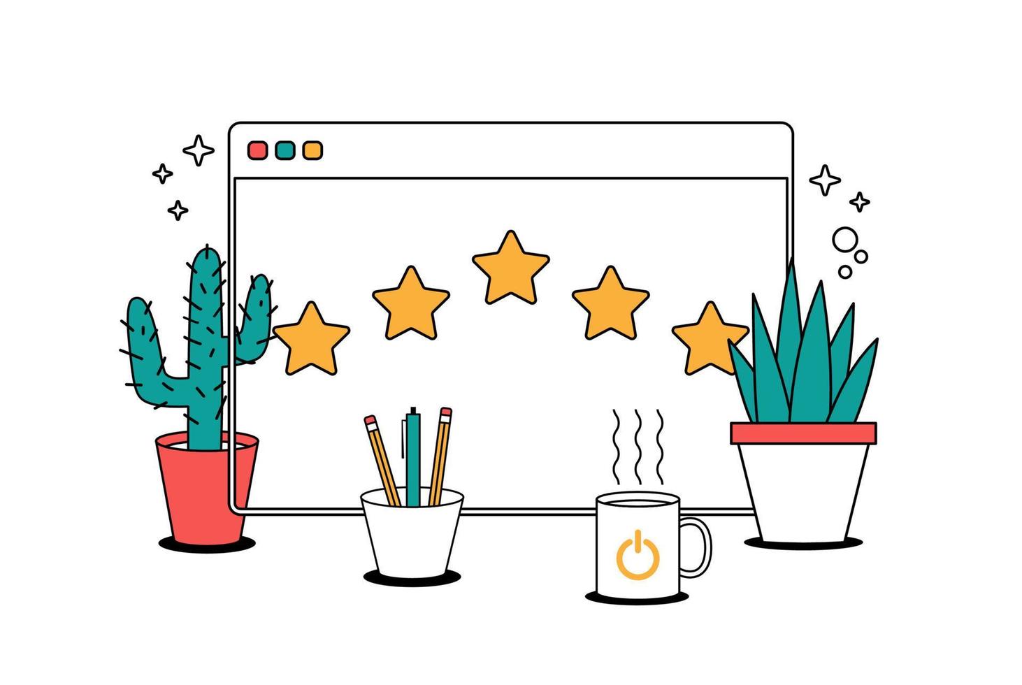 Star rating and feedback concept. cartoon line vector illustration style minimal browser window with stars and cursor.