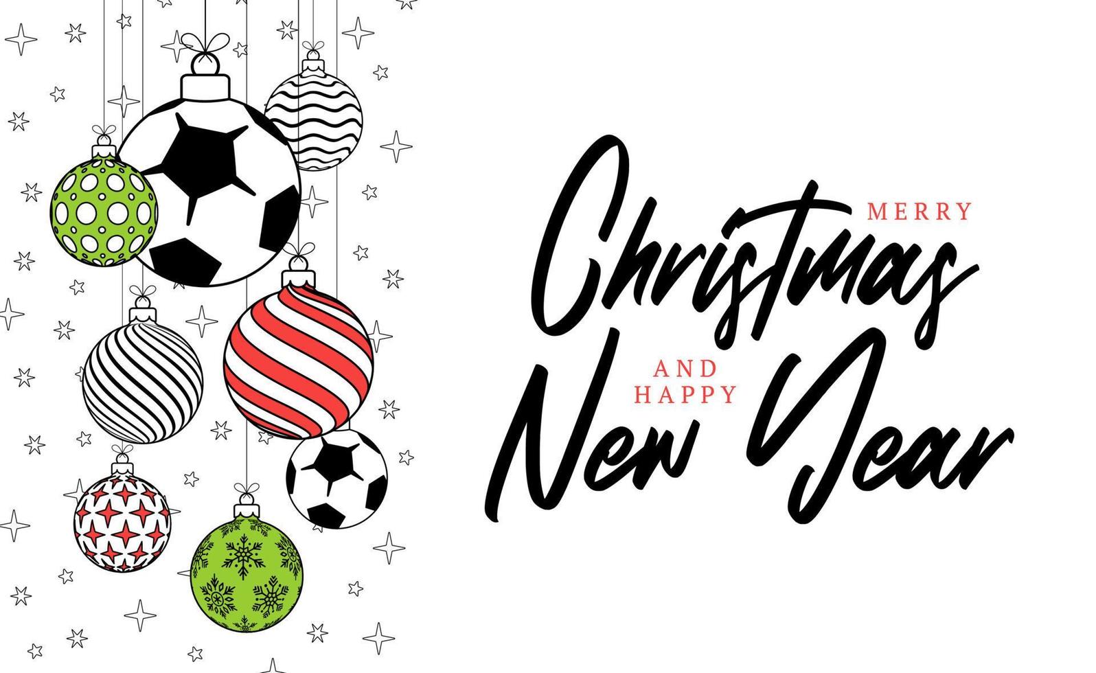 football christmas greeting card in trendy line style. Merry Christmas and Happy New Year outline cartoon Sports banner. soccer ball as a xmas ball on white background. Vector illustration.