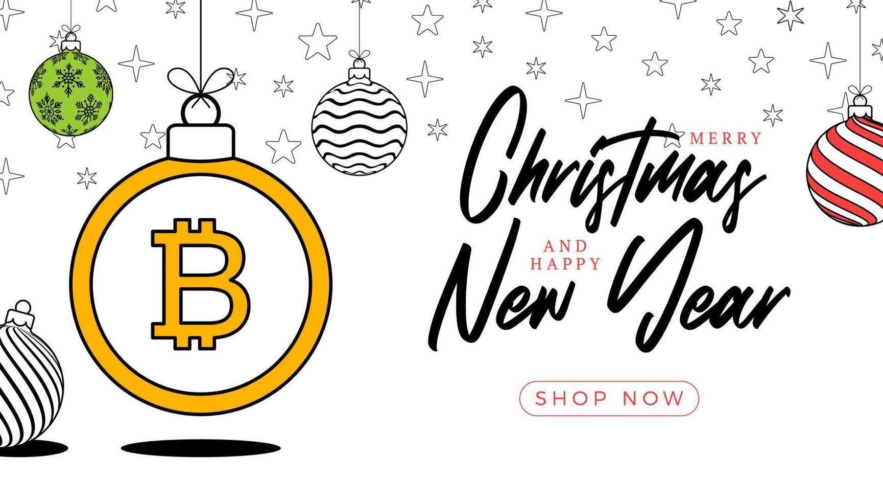 bitcoin christmas greeting card in trendy line style. Merry Christmas and Happy New Year outline cartoon Sports banner. bitcoin as a xmas ball on white background. Vector illustration.