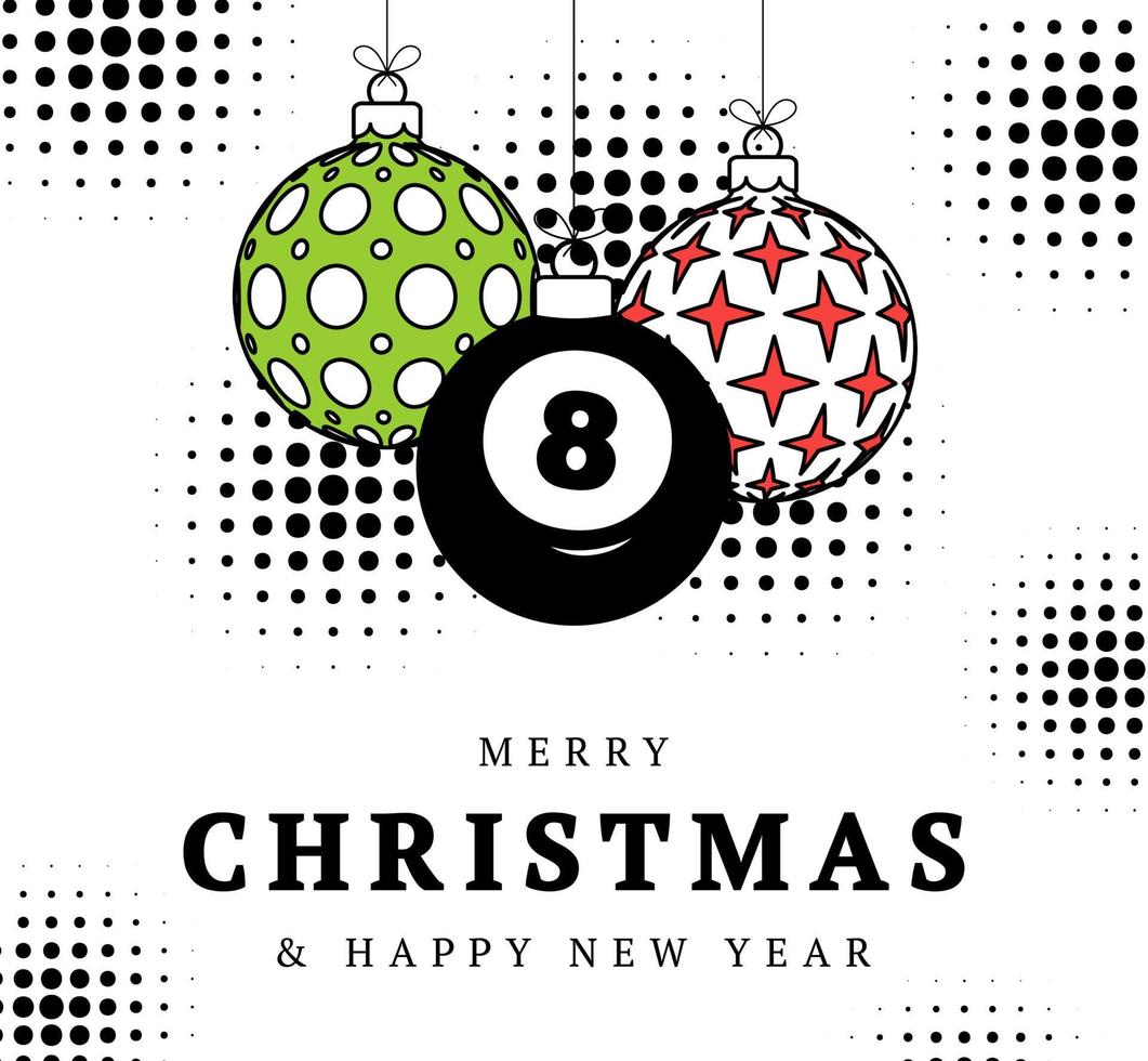 billiard christmas greeting card in trendy line style. Merry Christmas and Happy New Year outline cartoon Sports banner. billiard ball as a xmas ball on white background. Vector illustration.