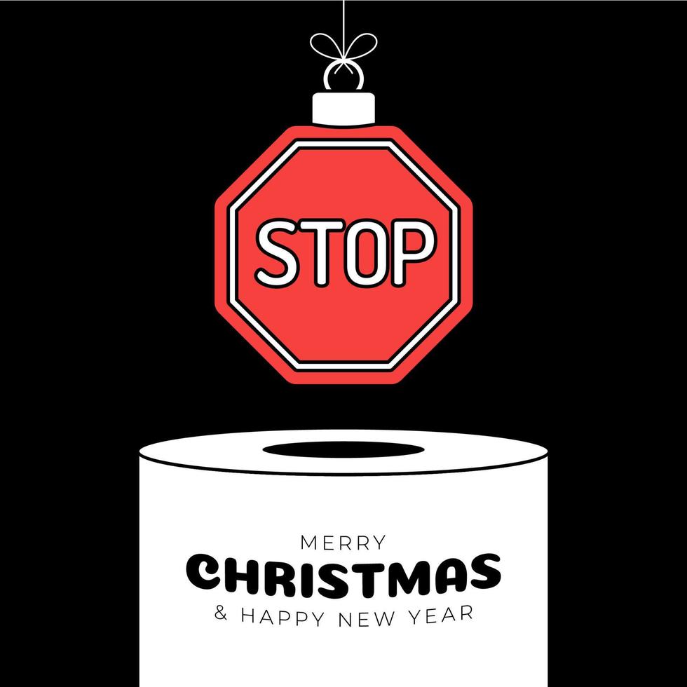 stop Christmas bauble pedestal. Merry Christmas sport greeting card. Hang on a thread ball as a xmas stop sign on white podium on black background. Sport Trendy Vector illustration.