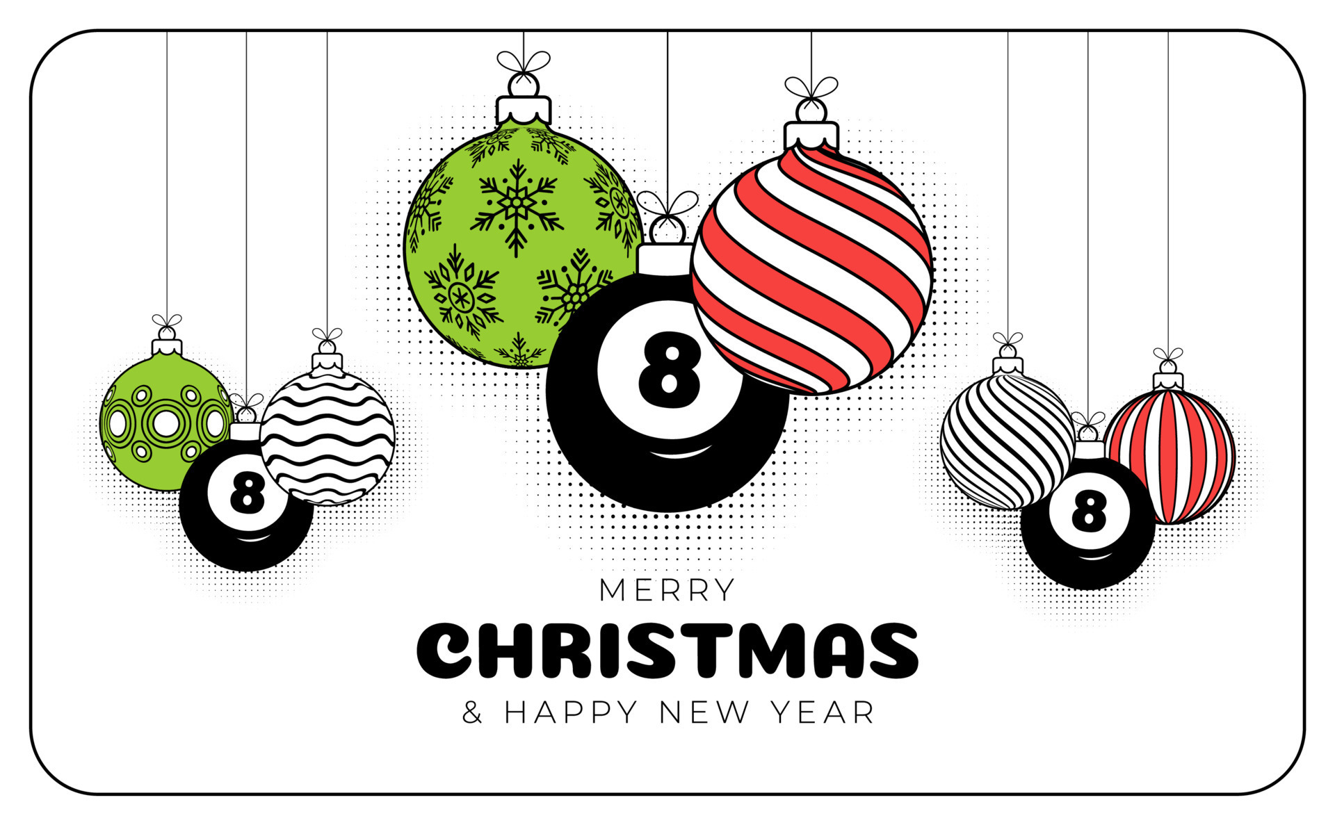 billiard christmas greeting card in trendy line style. Merry Christmas and  Happy New Year outline cartoon Sports banner. billiard ball as a xmas ball  on white background. Vector illustration. 11495364 Vector Art