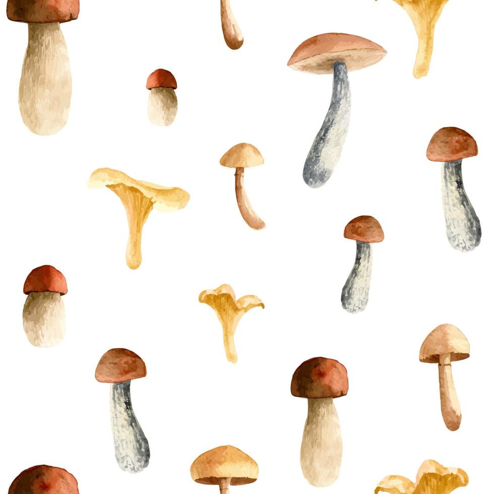 Watercolor Seamless Pattern with Forest Mushrooms. Autumn hand drawn vector texture on white background for textile design or wrapping paper