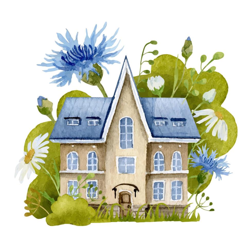 Cute little watercolor fairy House with wild field Flowers. Hand drawn vector Illustration of architecture with chamomile and plants. Spring sketch of fantasy Home with daisy