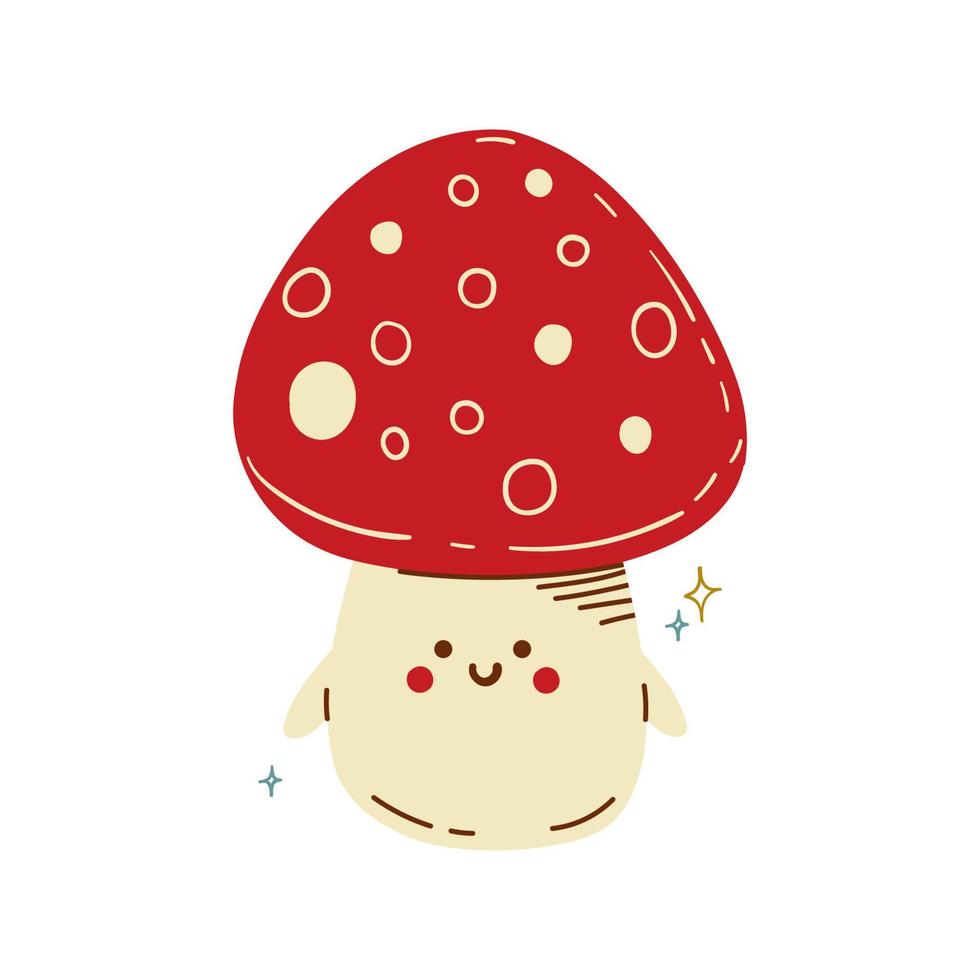 Cute amanita mushroom character hand drawn in doodle style. Vector illustration isolated on white background