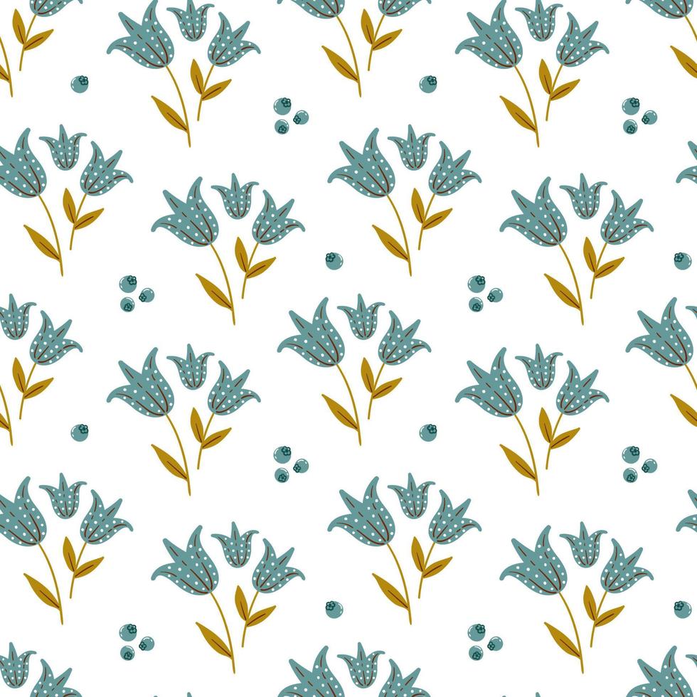 Cute seamless pattern with pretty abstract bluebells and blueberries vector