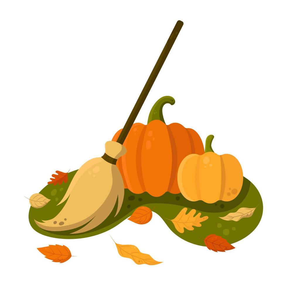 Autumn Vector Illustration With Pumpkins, Broom and Fallen Leaves. Perfect for Web Banners, Social Media, Printed Materials, etc.
