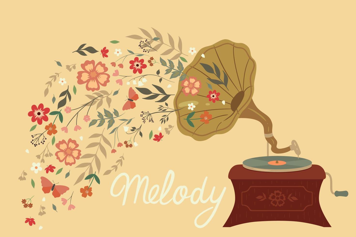 Banner or postcard with gramophone, flowers and melody inscription. Vector graphics.