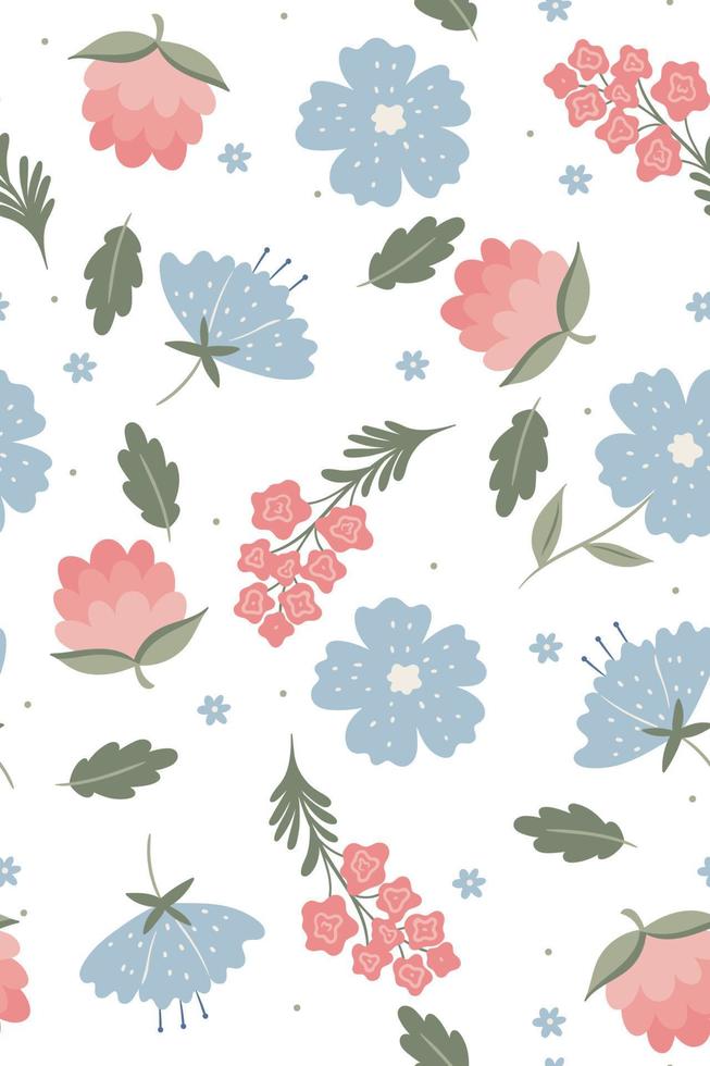 Seamless pattern with spring flowers on a white background. Vector graphics.