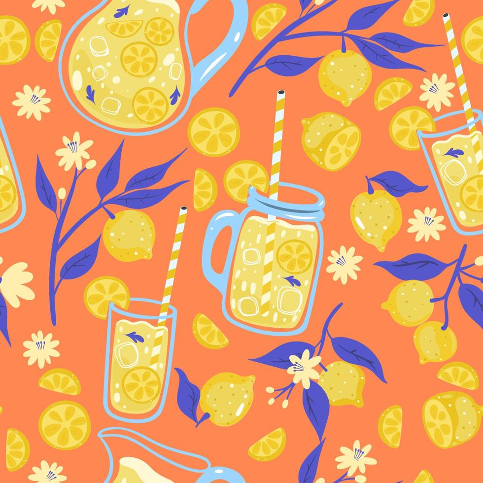 Lemonade and lemons seamless pattern. Vector graphics.