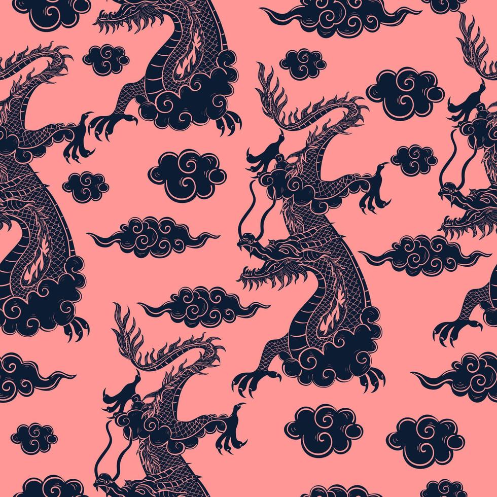 Seamless pattern with Chinese dragon in blue on a pink background