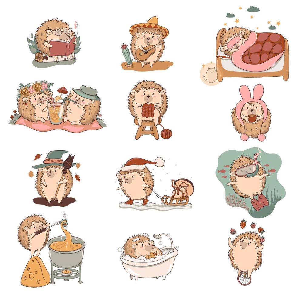 Set of kawaii hedgehog characters isolated on a white background. Vector graphics.