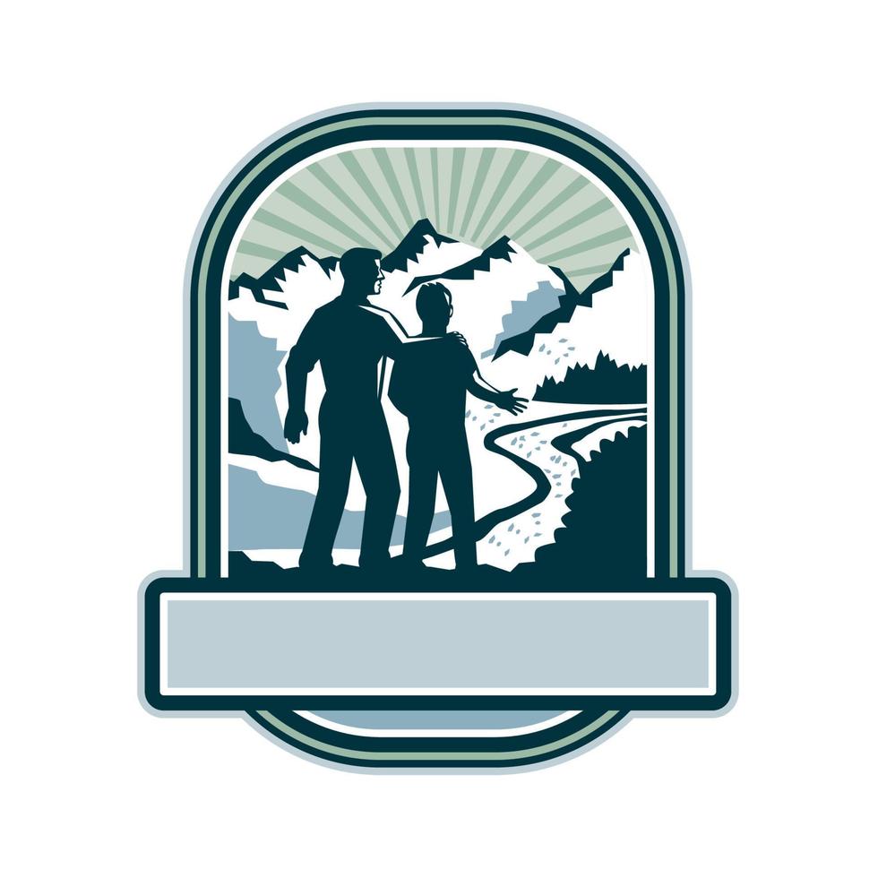 Father Son Journey Mountains Crest Retro vector
